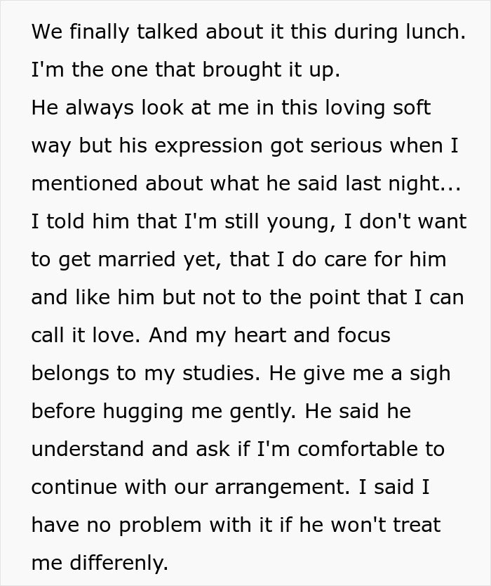 Text detailing a sugar daddy's marriage proposal and a woman's hesitance due to her focus on studies.