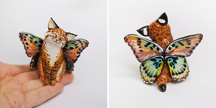Hand holding a pocket-sized animal figurine with butterfly wings created by Vallavica, showing front and back views.