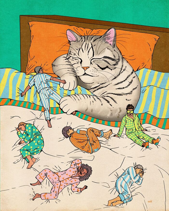 Illustration by María Jesús Contreras of a giant cat sleeping with tiny humans in pajamas.
