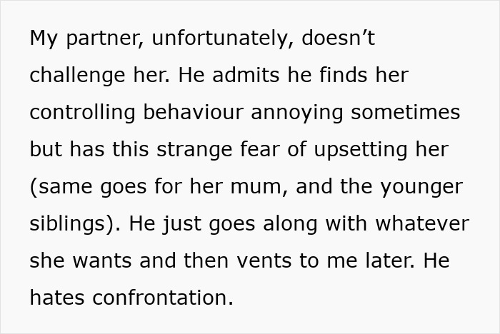 Text excerpt detailing frustration with controlling behavior of a sister-in-law and fear of confrontation within family dynamics.