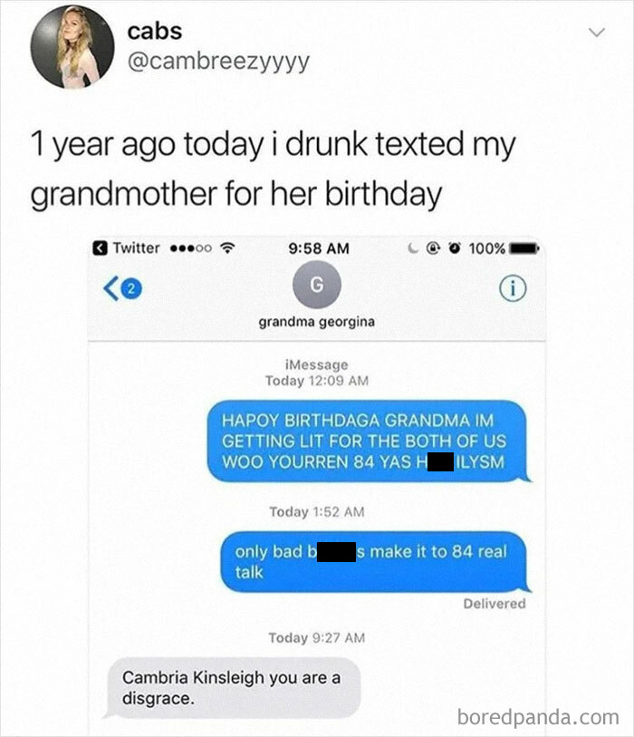 Funny meme showing a humorous drunk text to a grandmother for her birthday.