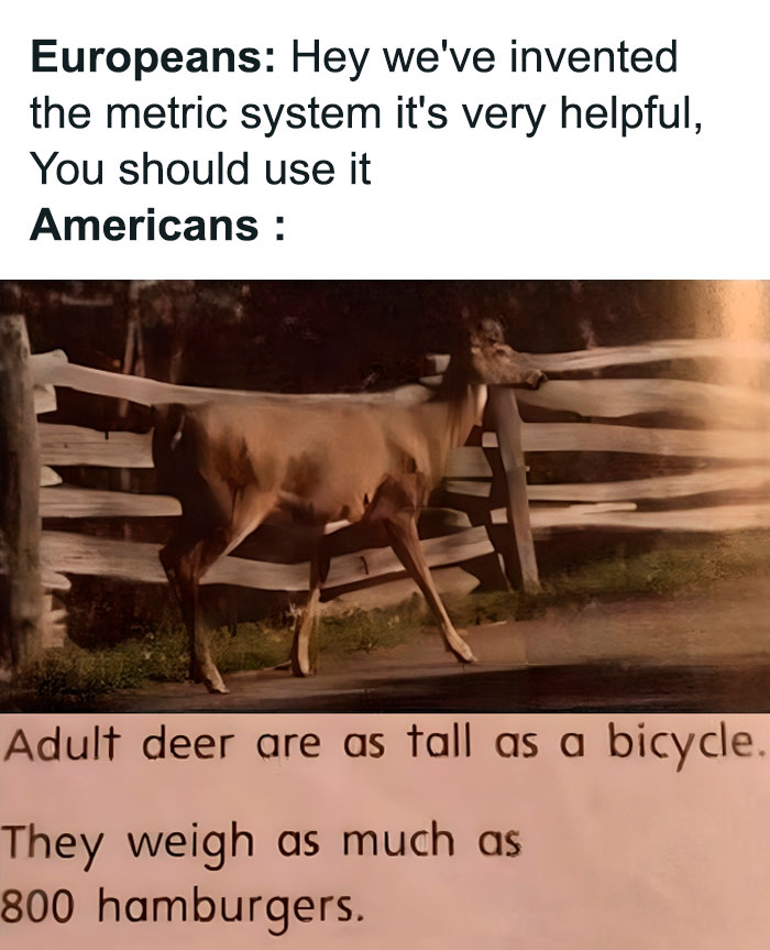 Funny physics meme about metric vs. imperial systems, comparing a deer's height and weight in unconventional units.