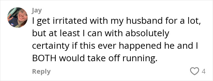 Comment discussing frustration with husband about losing a baby at store, noting they would both react quickly.