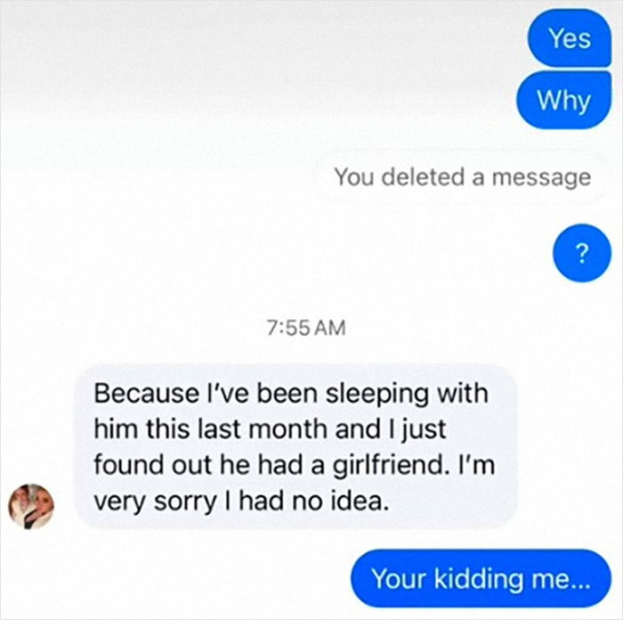 Text conversation revealing cheating boyfriend's secret relationship with another woman.