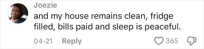 Social media comment about a clean house and peaceful sleep, related to dating perpetually single women insights.