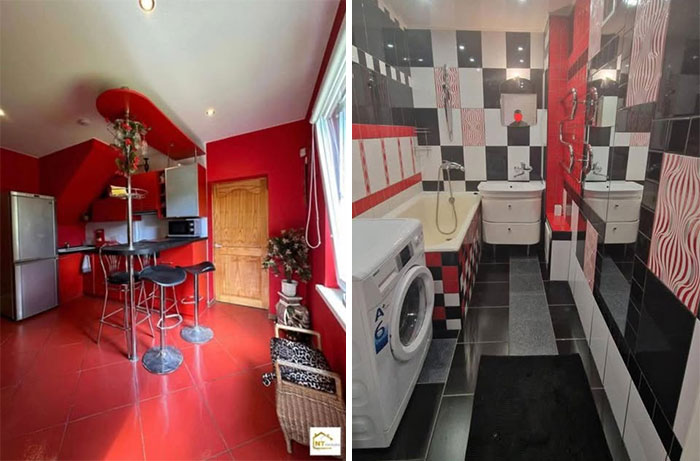 Modern real estate property with bold red kitchen and black white red bathroom featuring unique tile designs and appliances.