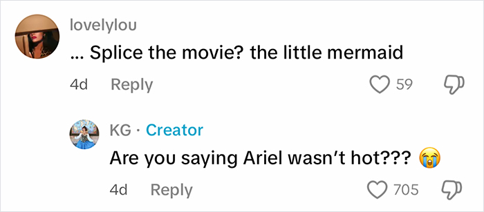 Screenshot of a social media exchange discussing beauty standards in fairy tales featuring a reference to The Little Mermaid.