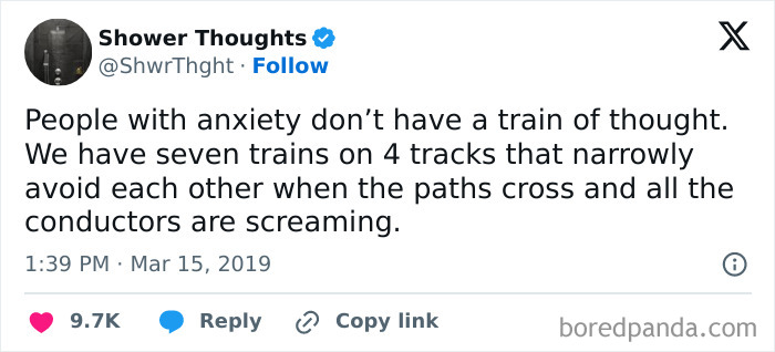 Tweet from Shower Thoughts humorously describing anxiety as having multiple trains on tracks that narrowly avoid each other, illustrating relatable anxiety struggles.