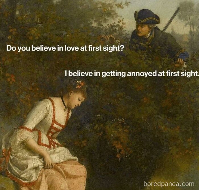Classical art painting meme with modern humor showing annoyed woman and man in historical costume in nature.