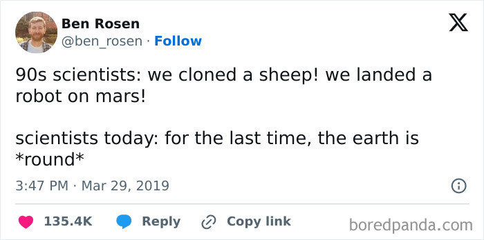 Millennial humor meme comparing 90s and current scientists' achievements and challenges.