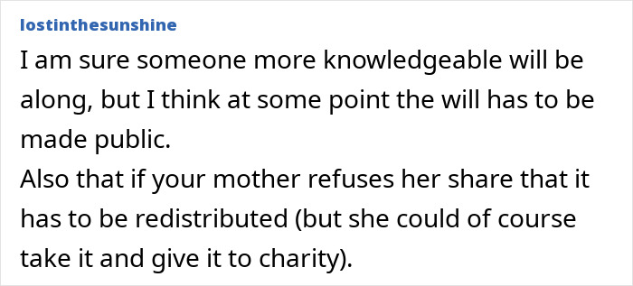 Comment on inheritance, discussing public will and redistributing a share if refused, with charity as an option.