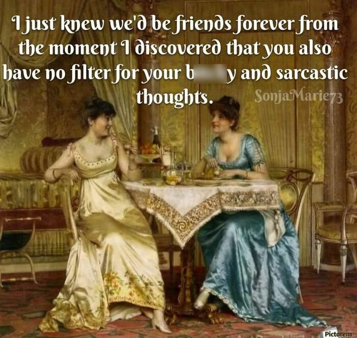 Two women in vintage dresses sitting at a table with drinks, sharing art memes with perfectly petty energy.