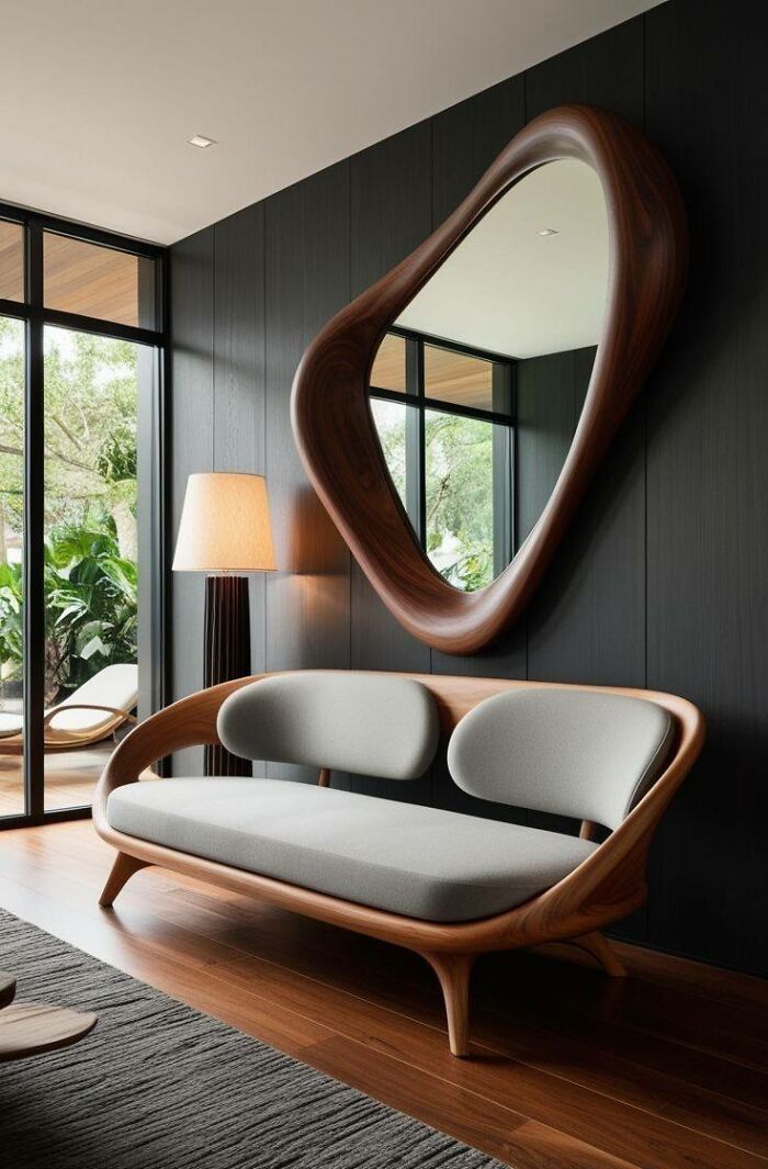 Sofá y espejo con diseño orgánico en madera, destacando habilidades y creatividad en proyectos con madera para interiores.