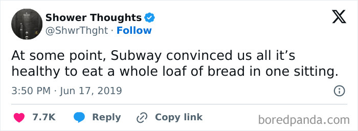 Text meme humorously questioning the health perception of eating a loaf of bread in one sitting, referencing Subway.