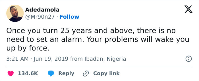 Tweet about relatable work struggles with a humorous take on adult life's daily stress waking you up.