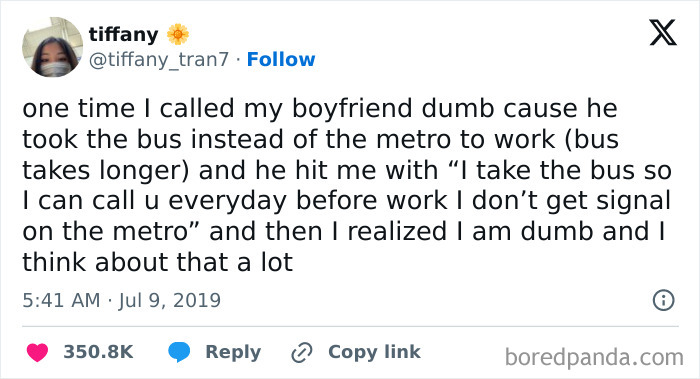 Text post about a boyfriend's thoughtful reason for taking the bus, highlighting love and realization.