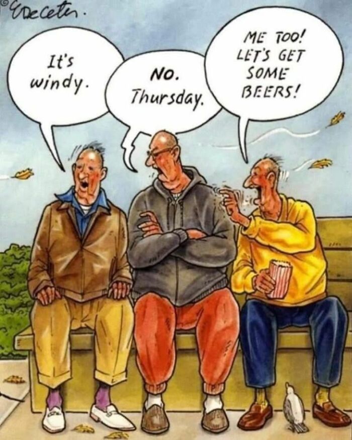 Three elderly men on a bench share hilariously silly jokes reflecting peak dad humor with autumn leaves blowing around.