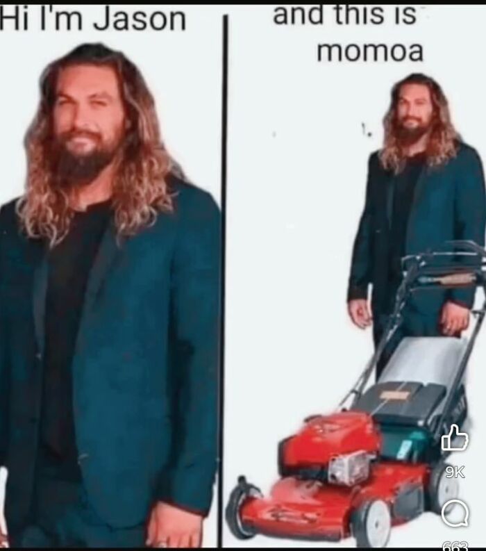 Man with long hair and beard wearing a suit, standing next to a lawn mower in a dad humor meme.