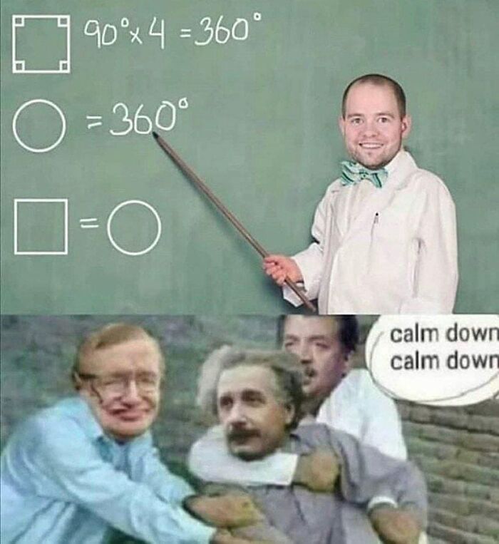 Teacher demonstrating quirky physics formula on a chalkboard, with historical figures humorously reacting below.