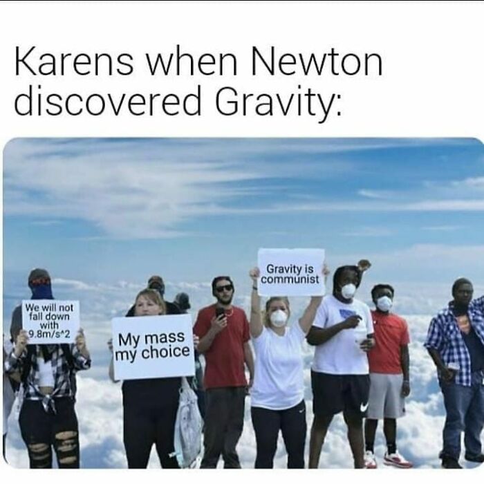 People protesting gravity with humorous signs in a physics meme.