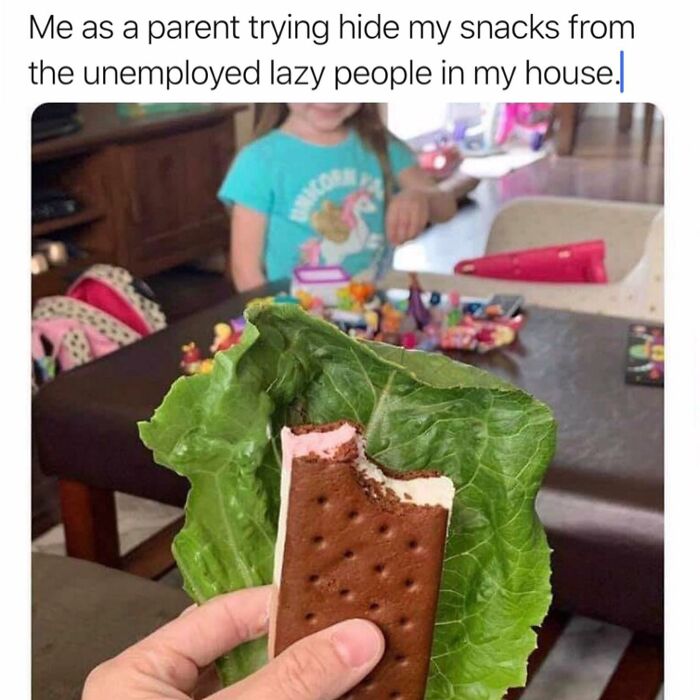 Parent holding an ice cream sandwich wrapped in lettuce, humorous take on relatable parenting challenges.