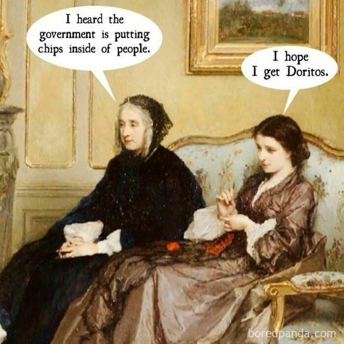 Two women in classical art style with humorous speech bubbles about government chips and Doritos snacks.
