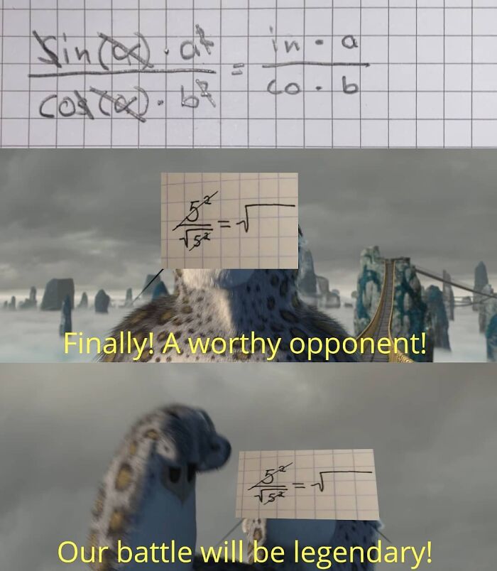 Physics meme with math challenges depicted as epic battle opponents, featuring equations on graph paper.