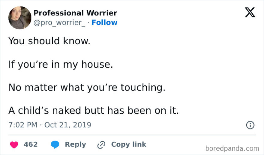 Tweet by "Professional Worrier" humorously describing the madness of parenthood with a child's antics in the house.