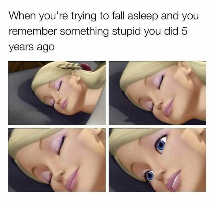 Sleeping woman opens eyes wide after remembering something, a funny meme representing struggles to fall asleep with noise around.
