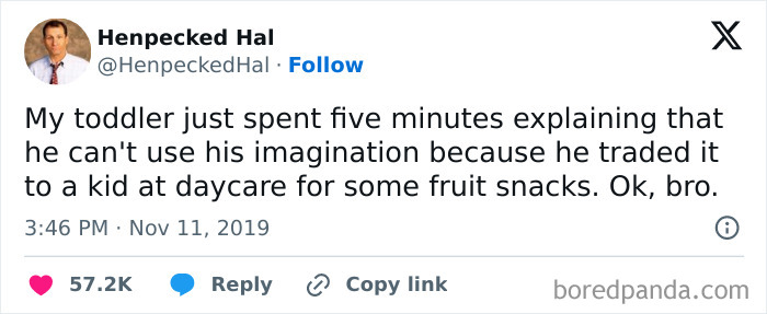 A relatable meme about a toddler trading his imagination for fruit snacks at daycare, shared by Henpecked Hal.