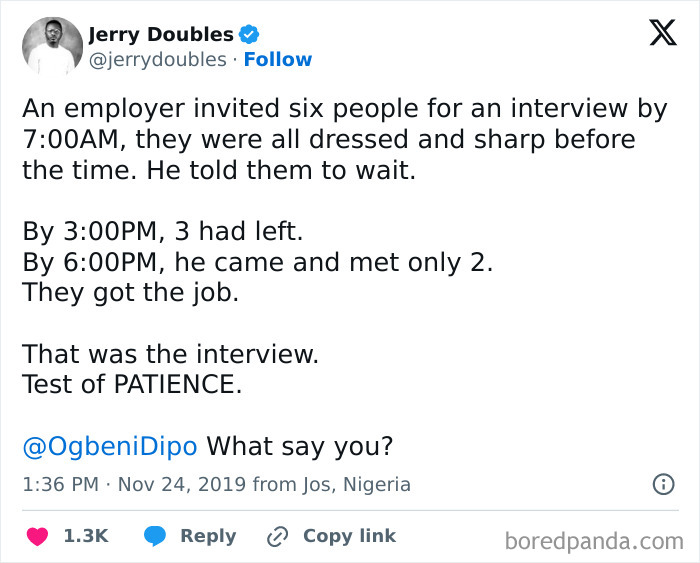 Tweet about an employer’s unusual interview testing patience, illustrating outrageous lies people tried to pass off as real.