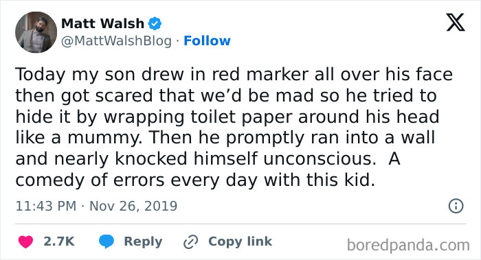 Parenting meme about a child's mishap with marker and toilet paper for humorous effect.
