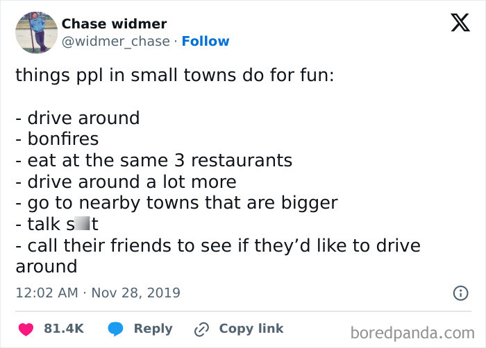 Social media post humorously listing relatable small town activities.