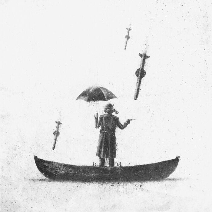 A surreal artwork depicting a figure in a boat, holding an umbrella as missiles rain down.
