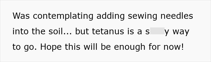 Text image expressing an angry owner's message toward a plant thief, involving sewing needles and tetanus.