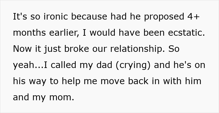 Upset ex-girlfriend explains relationship ended due to late marriage proposal. Upset ex-girlfriend explains relationship ended due to late marriage proposal.