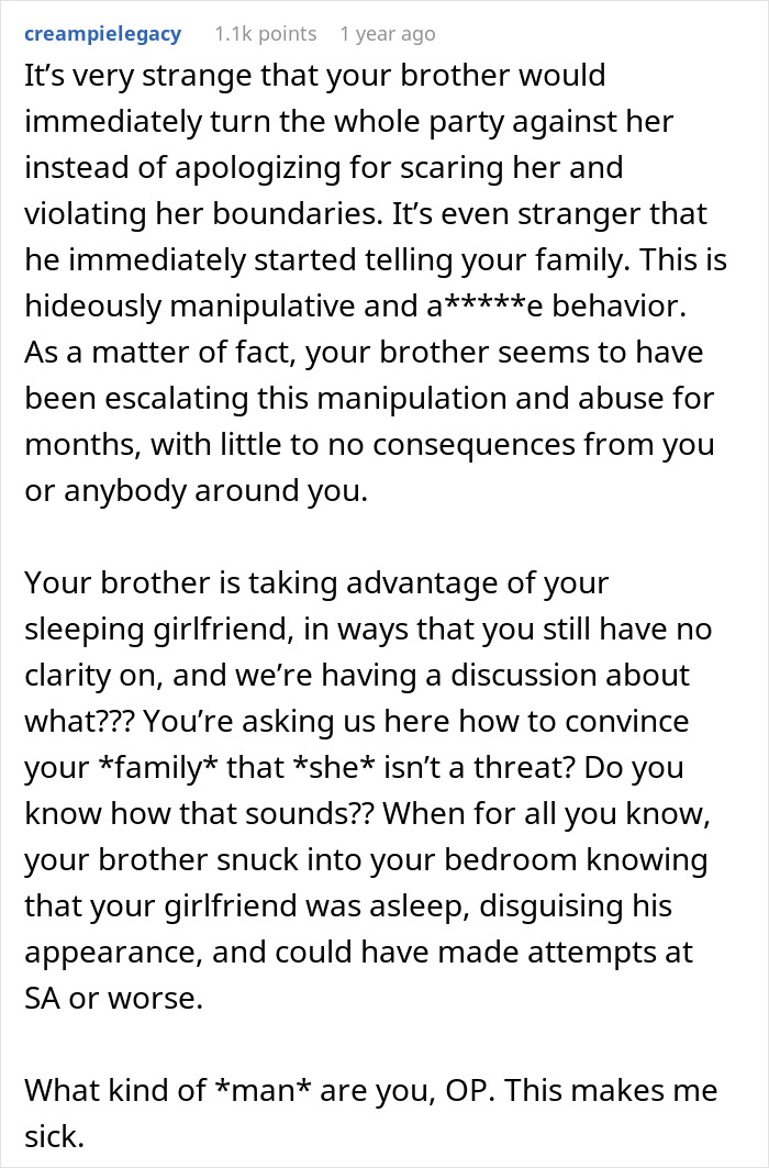 Comment defending a girlfriend against a family's backlash after a brother's prank.
