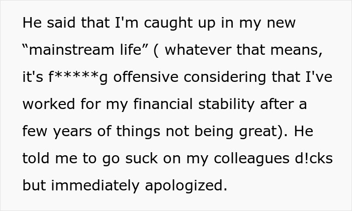 Text excerpt discussing a woman's financial stability and her boyfriend's offensive remarks.