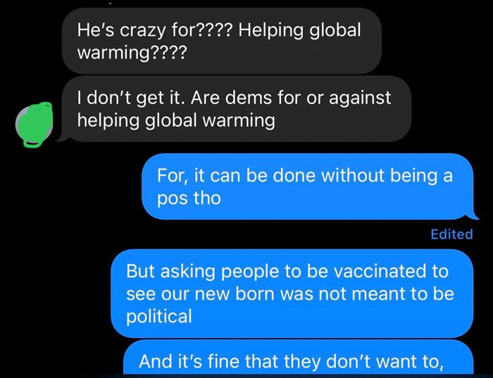 Text conversation about vaccination requirement for seeing a newborn, amidst global warming discussion. Text conversation about vaccination requirement for seeing a newborn, amidst global warming discussion.