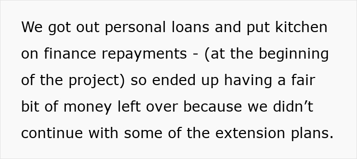 Text about personal loans for kitchen financing, leading to leftover money on unfinished plans.