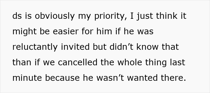 Text about prioritizing a child, discussing ease of a reluctant invitation without their knowledge versus canceling late.