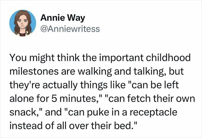 Parenting meme about childhood milestones humorously redefined beyond walking and talking.
