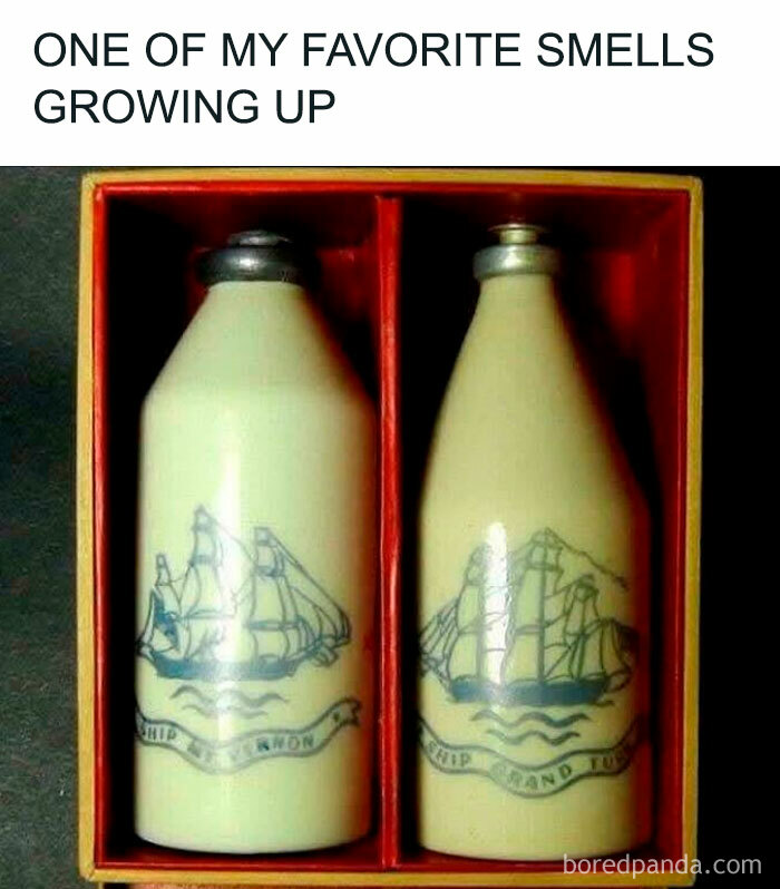 Two nostalgic vintage bottles in a box with ship illustrations, reminding you of growing up.