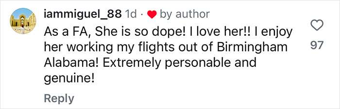Comment praising a personable and genuine airlines worker in Birmingham, Alabama, described as "dope" and loved by customers.