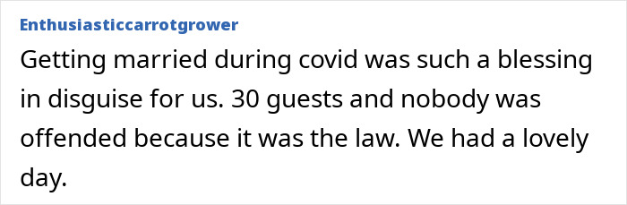 User post about getting married during covid with 30 guests, reflecting on weddings and new generations' joy impact.