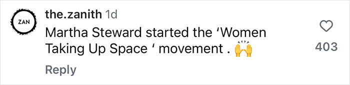 Comment on Martha Stewart trolling Blue Origin astronauts, highlighting "Women Taking Up Space" movement support.