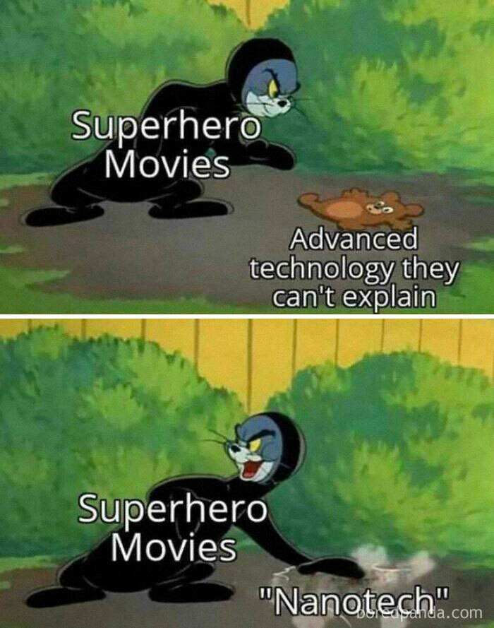 Cartoon character humorously mocking superhero movies using "nanotech" as unexplained technology solution.