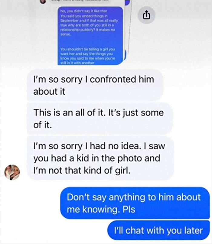 Text conversation revealing cheating incident and surprise pregnancy results.