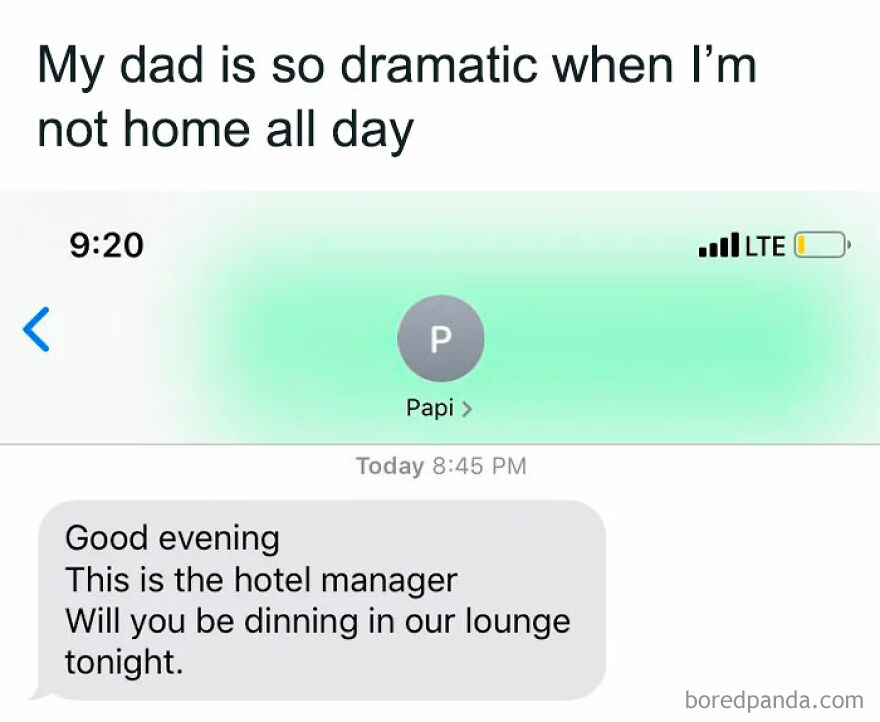 "Dramatic dad sends text posing as hotel manager, humorous girl meme."