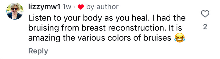 Instagram comment about healing after breast reconstruction, highlighting bruise colors.